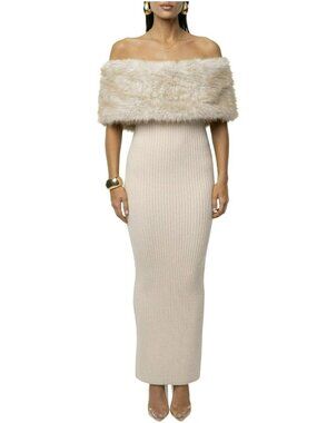 Revolve JLuxLabel Faux Fur Detail Off Shoulder Rib Knit Midi Dress New